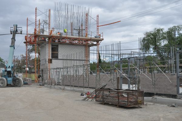 The first floor pharmacy and the western tower mid-way through construction.