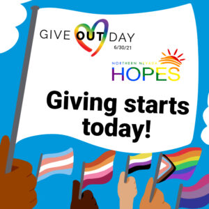 Hands Raising Flags with One Big Flag of Give Out Day and Hopes Logo