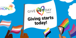 Hands Raising Flags with One Big Flag of Give Out Day and Hopes Logo Twitter Banner