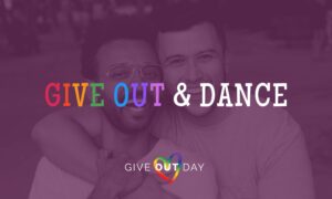 Give Out & Dance Text with Two Man in Background