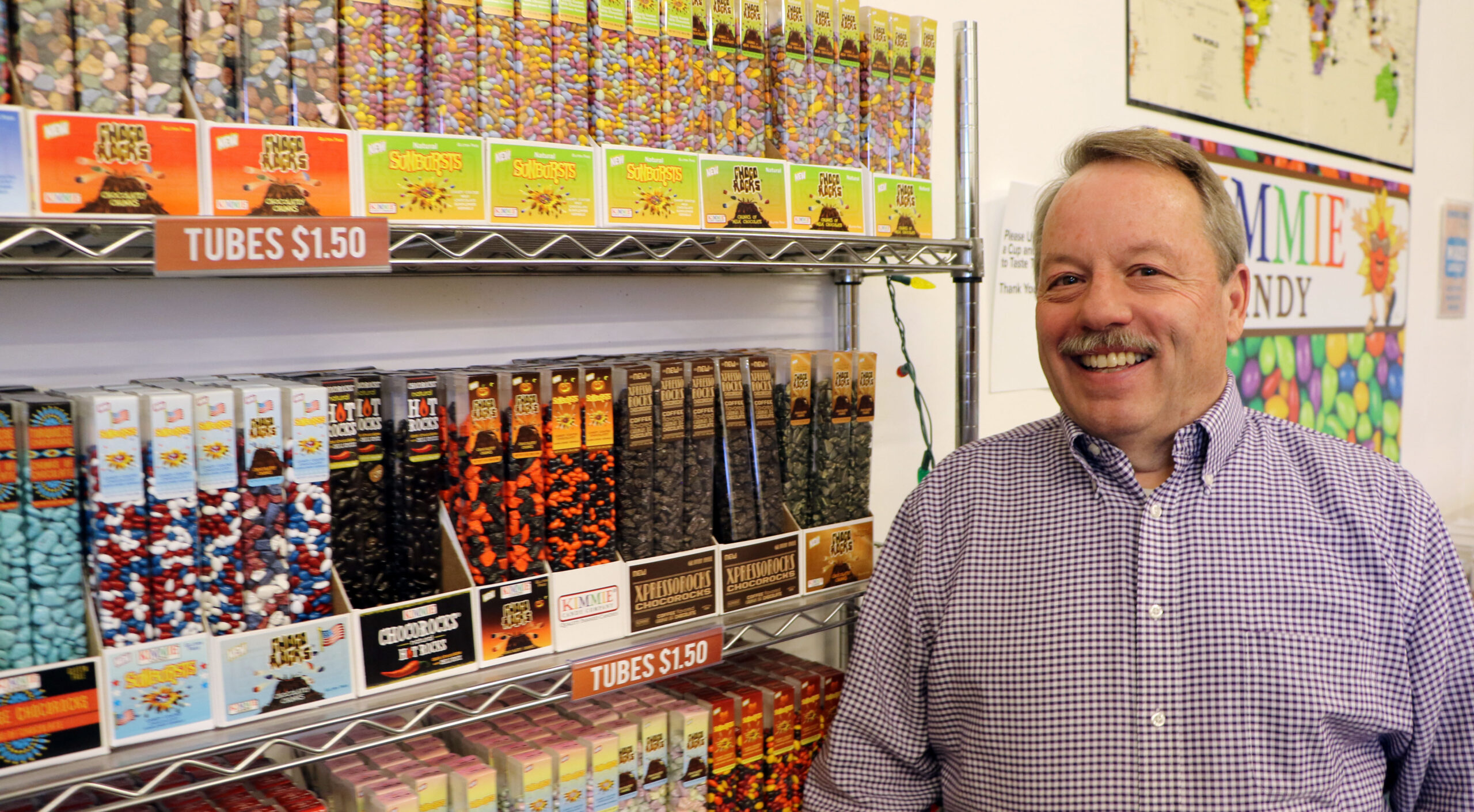 Alex in the showroom of Kimmie Candy where he now works as a salesmen.